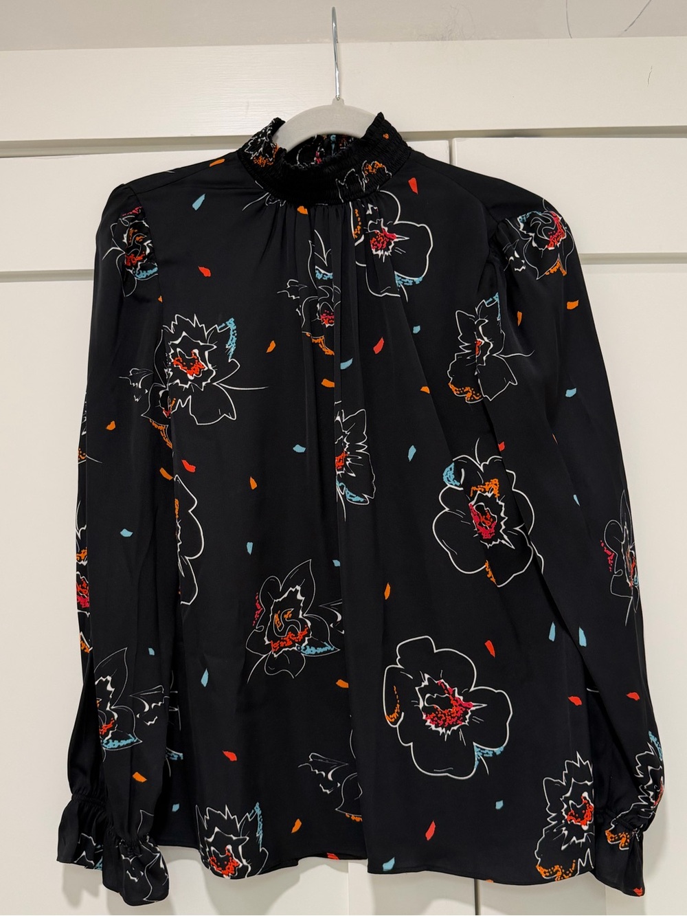 Tucker Silk Floral Smocked High Neck Blouse Black Multicolor Size S